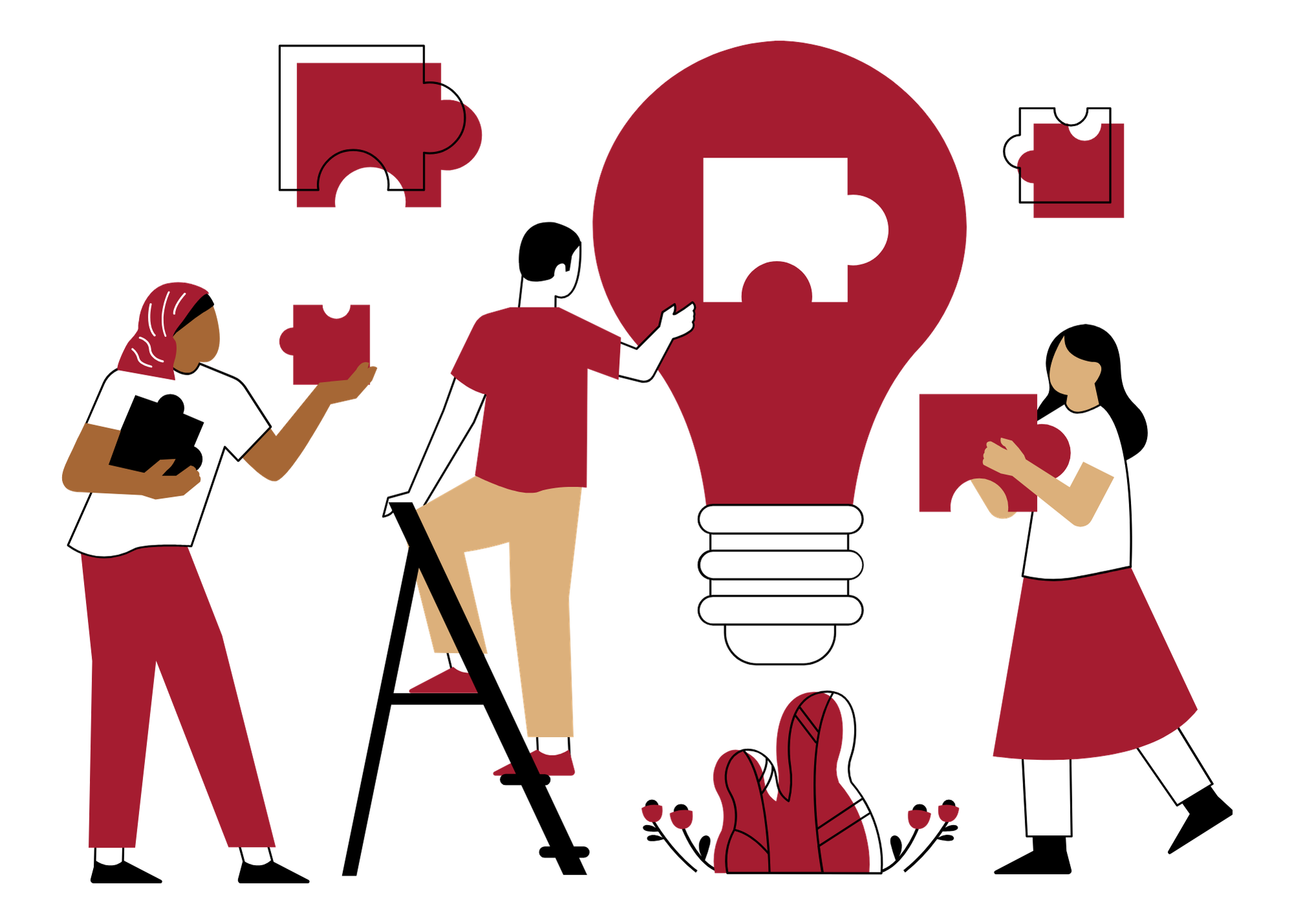 Illustration of diverse people collaborating to build a lightbulb using puzzle pieces