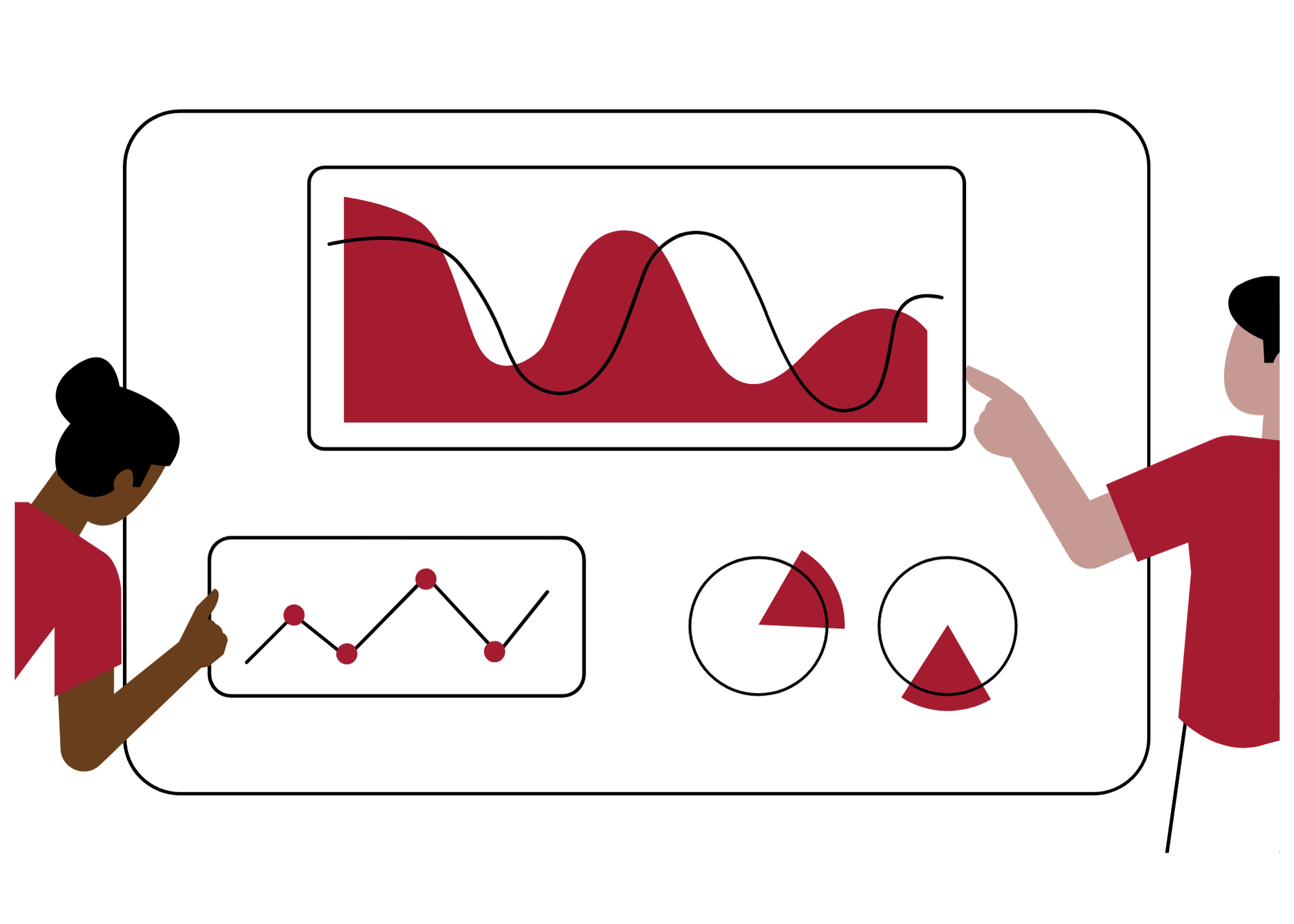 Illustration of two people analyzing data charts and graphs on a dashboard