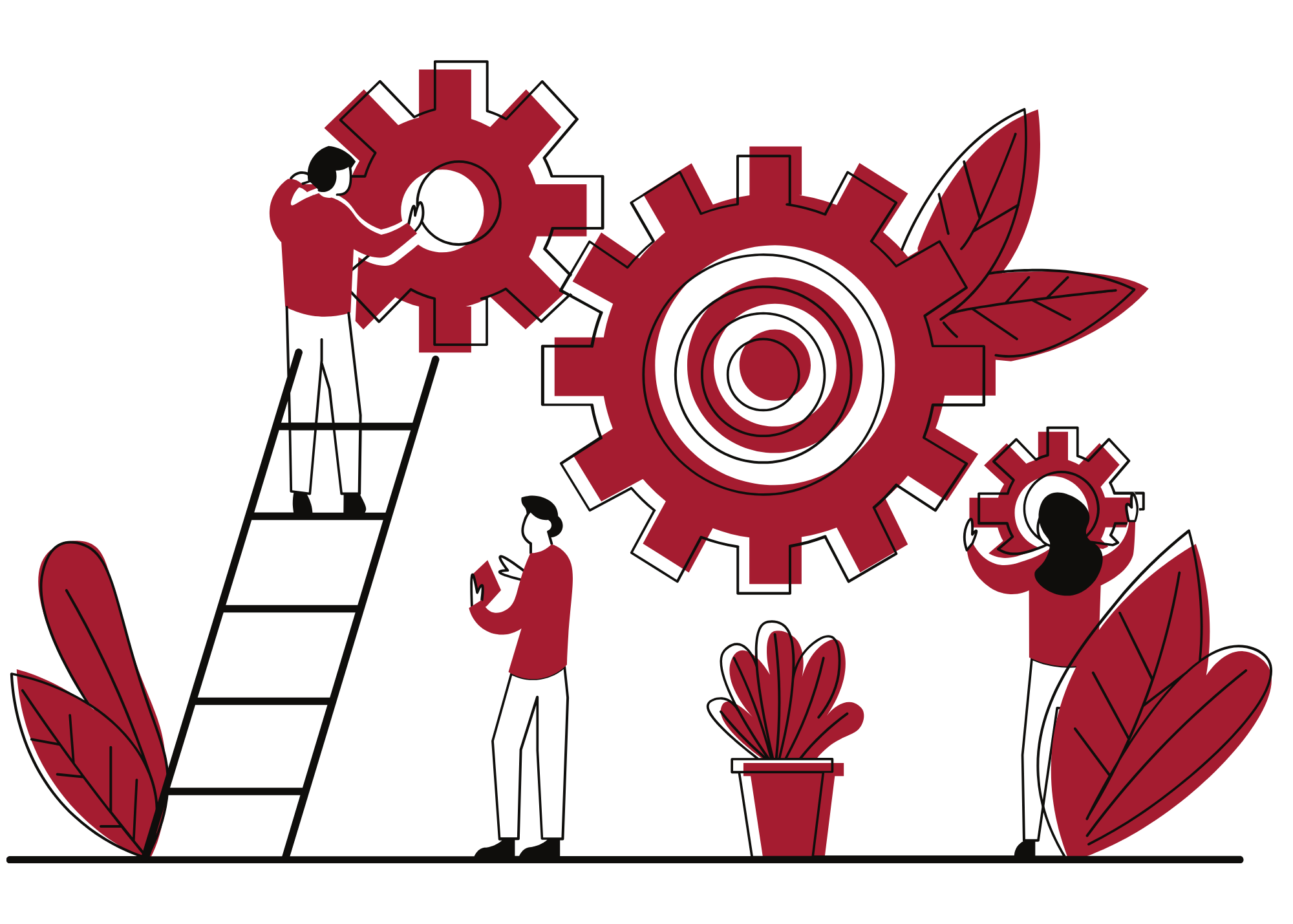 Illustration of people collaborating to build and assemble gears, symbolizing teamwork and building pathways